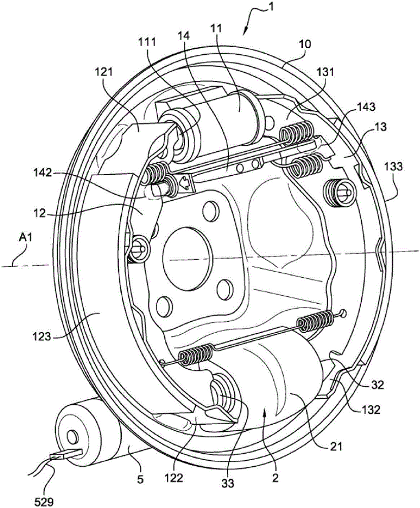 Drum brake device including a parking brake operating in duo servo mode, associated vehicle and assembly methods