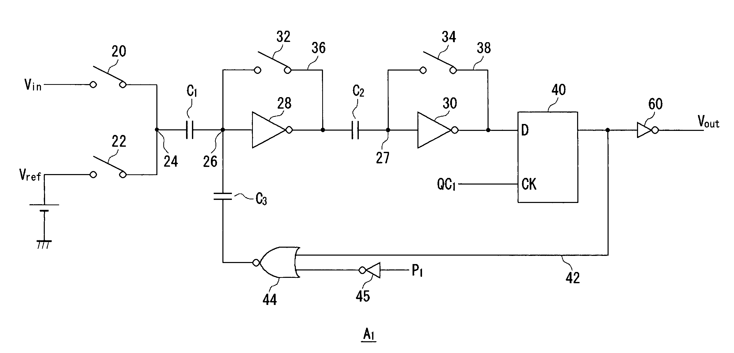 Comparator and AD conversion circuit having hysteresis circuit