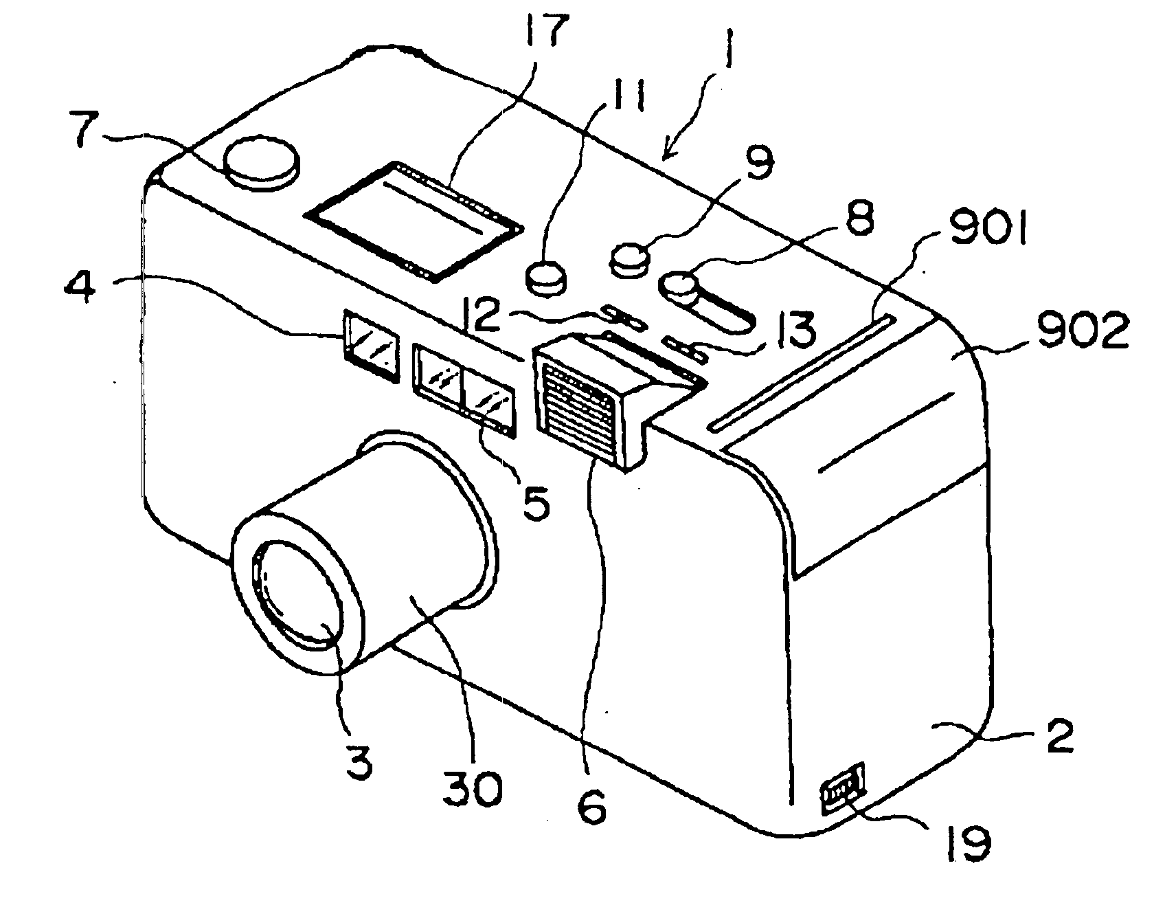 Digital camera having a printing function in which a movable camera part is moved from an in-use position to an out-of-use position during printing