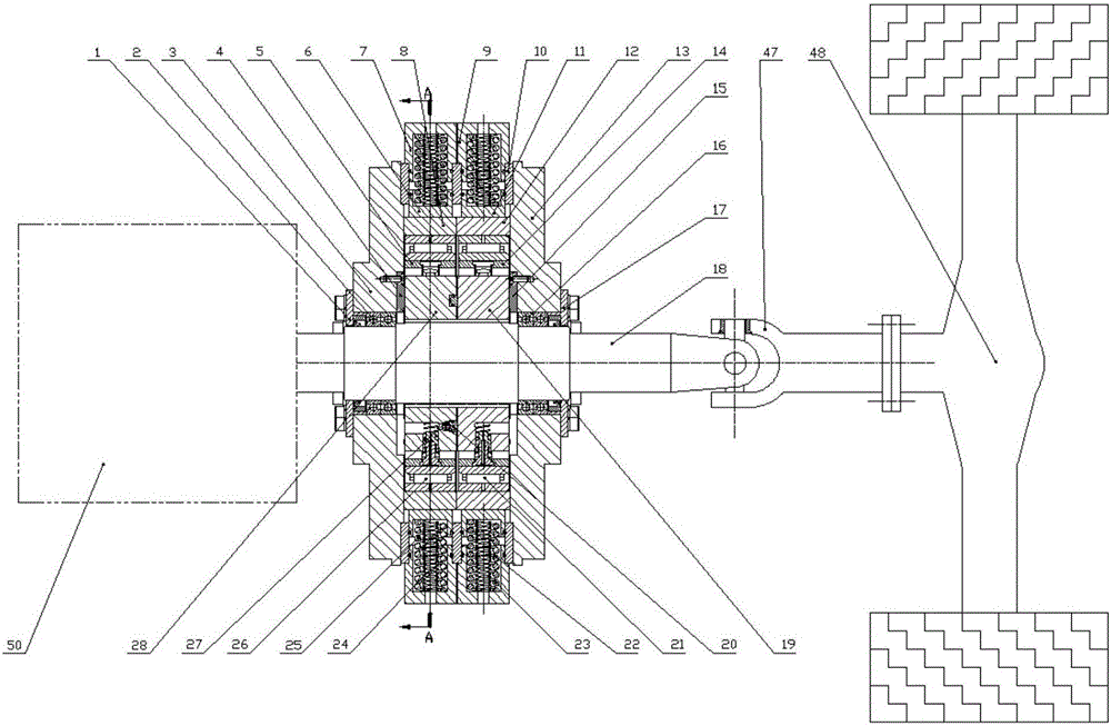 Hydraulic retarder provided with two end surface thrust plates and double rows of radial plungers