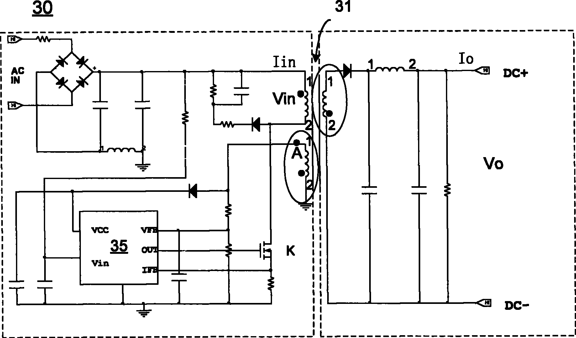 Output power supervisory circuit and control circuit for AC/DC converting circuit