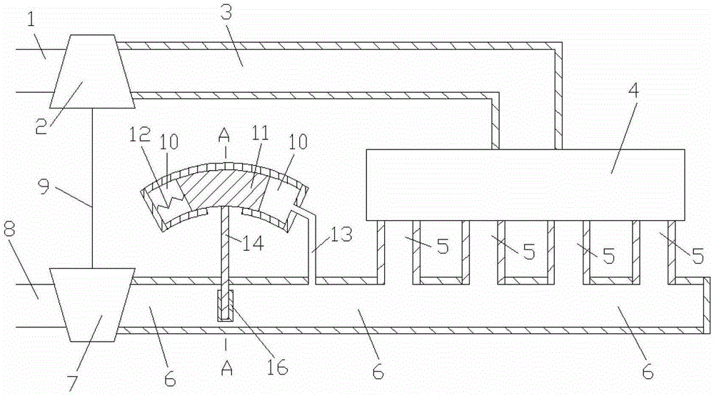 Variable air exhaust through flow area air exhaust pressure control type adjusting mechanism for turbocharged engine