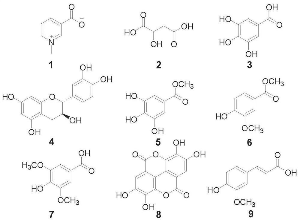 Method for simultaneously detecting nine chemical components in quisqualis indica