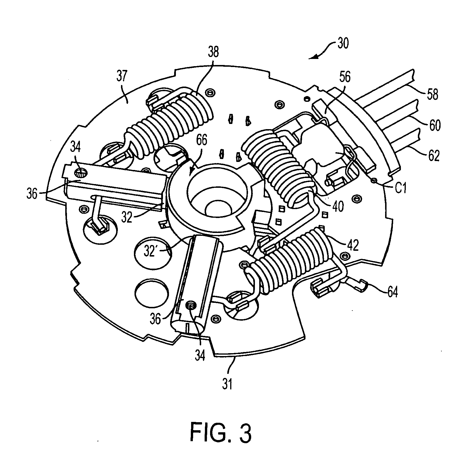 Brush card assembly with RFI suppression for two or three speed permanent magnet brush motor with link wound dual commutator and dual armature winding configuration