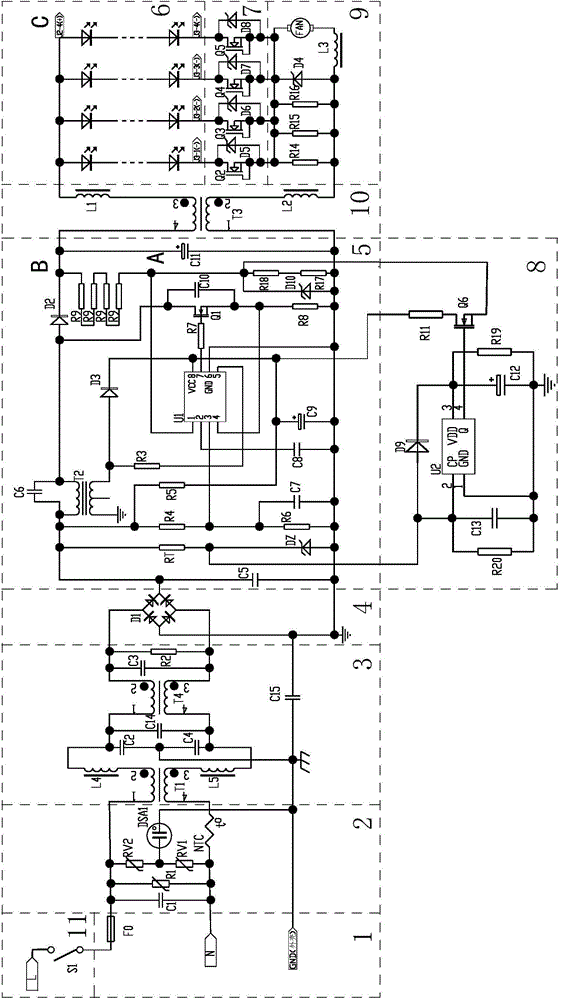 Wide-voltage-range LED (light emitting diode) lamp switching and dimming driving circuit and LED lamp dimming control system