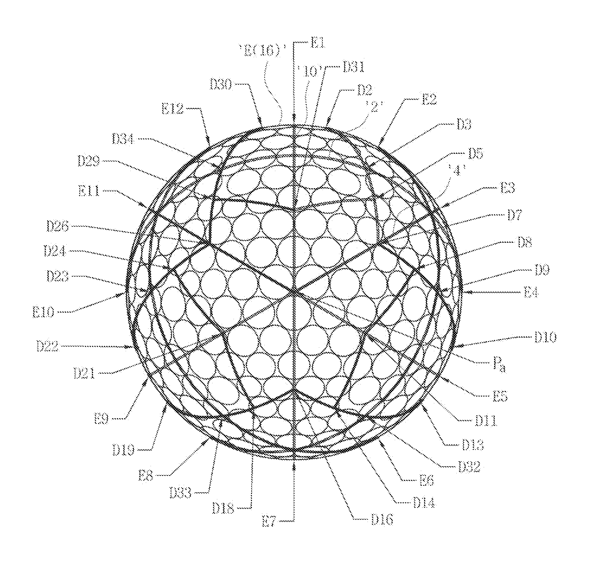 Golf ball with dimple pattern arranged in spherical polygons having sides with different lengths