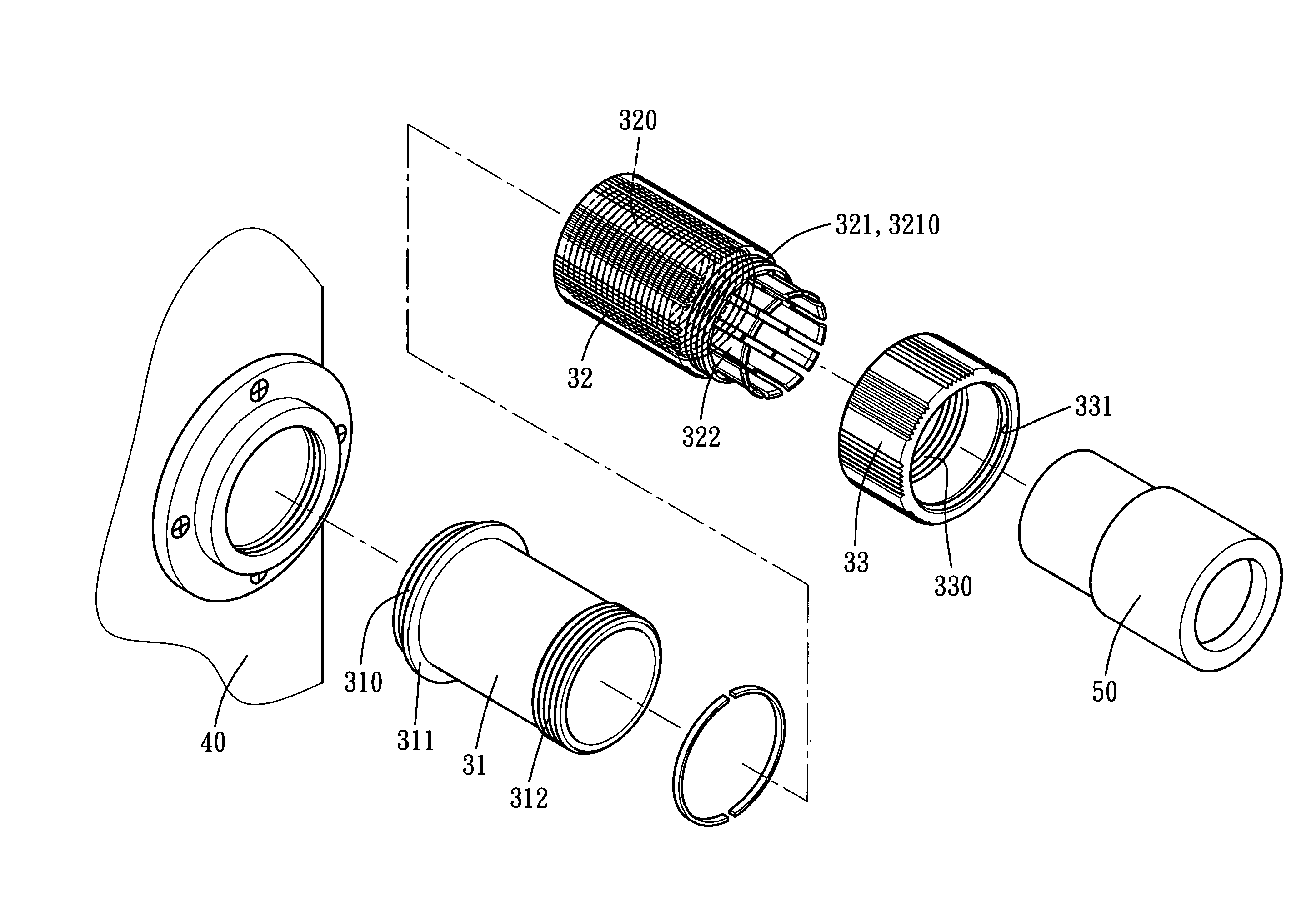 Chucking and focusing device for a telescope eyepiece and its production process