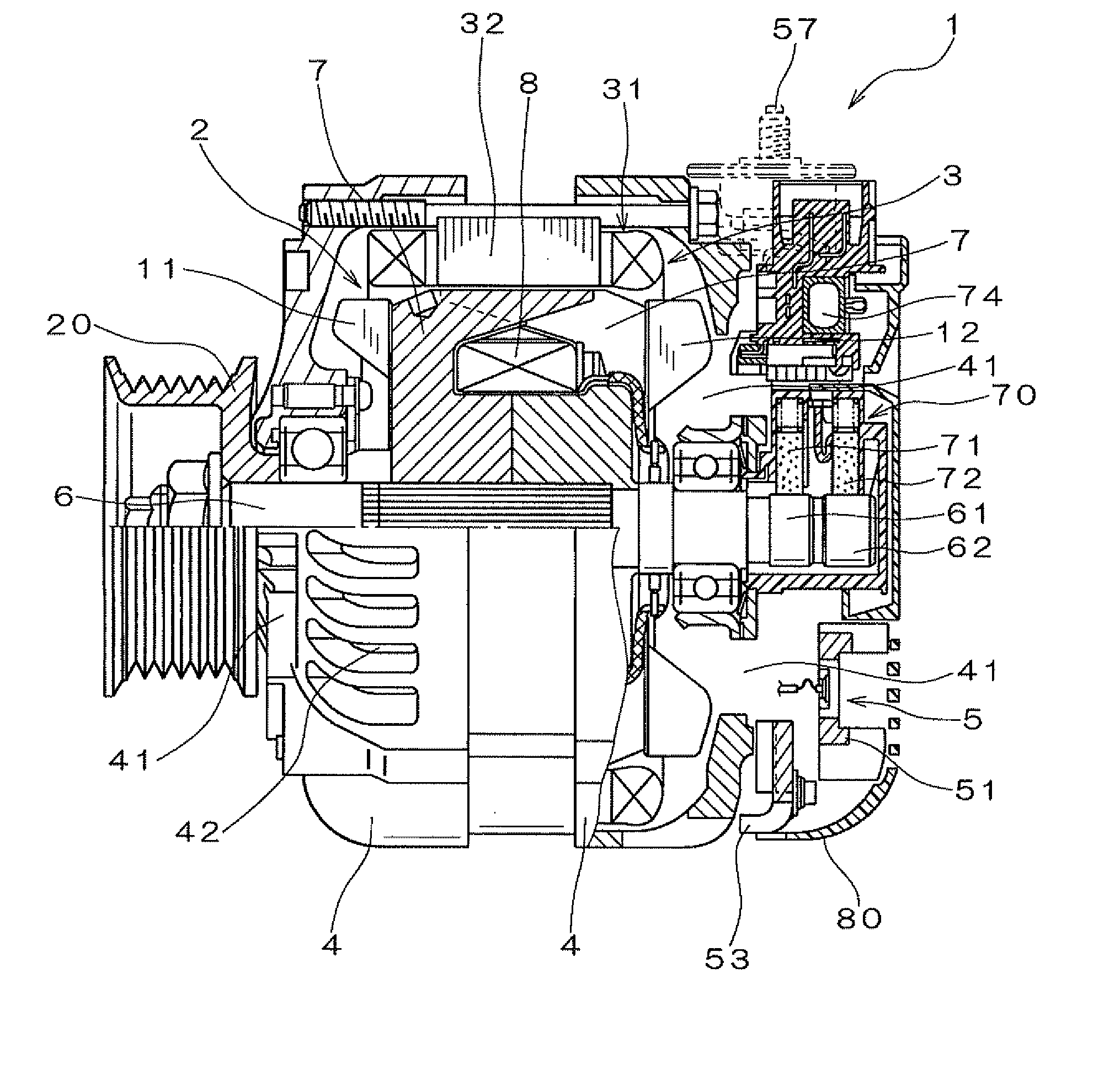 Alternator for vehicle with heat dissipating fin
