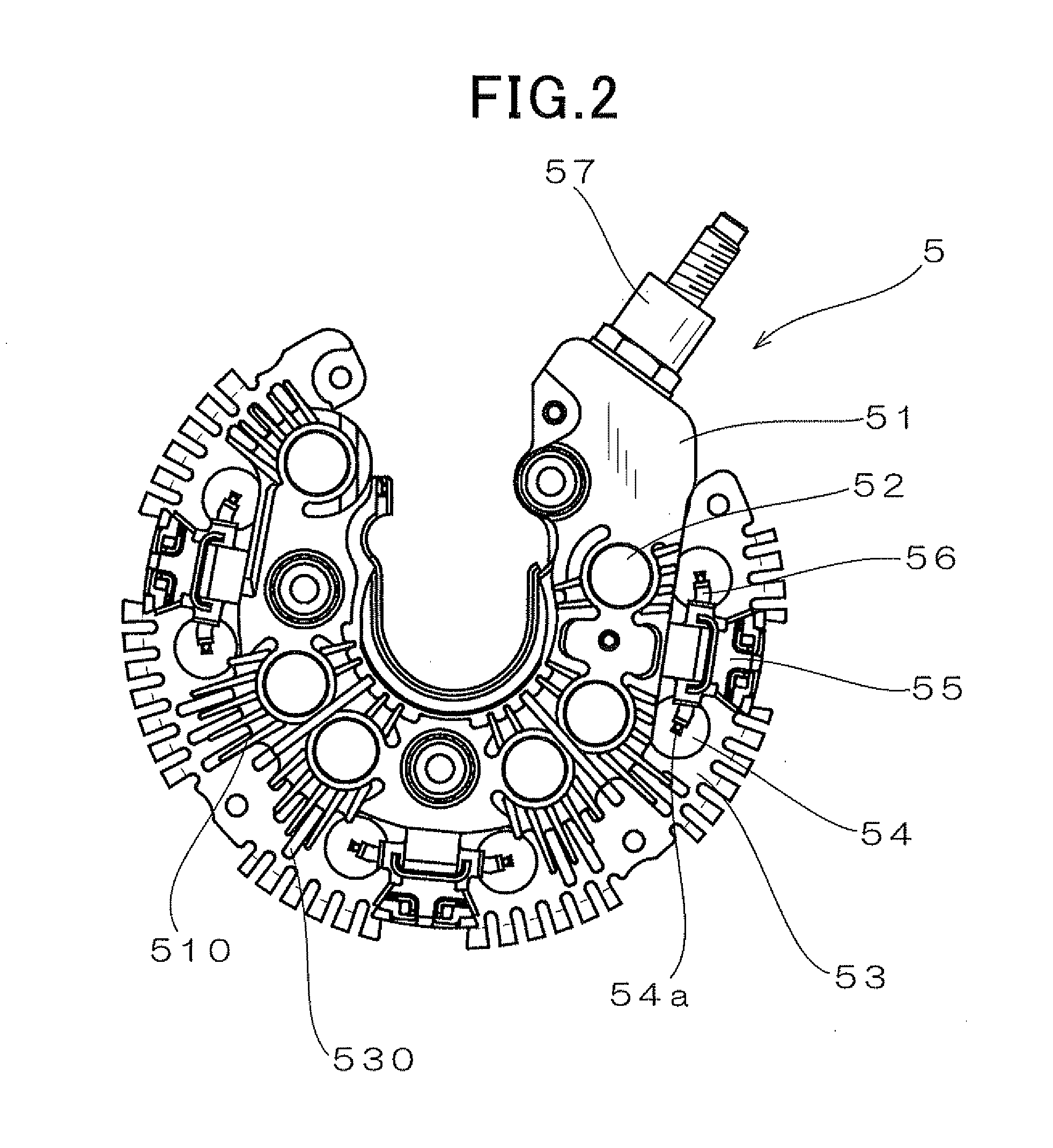 Alternator for vehicle with heat dissipating fin