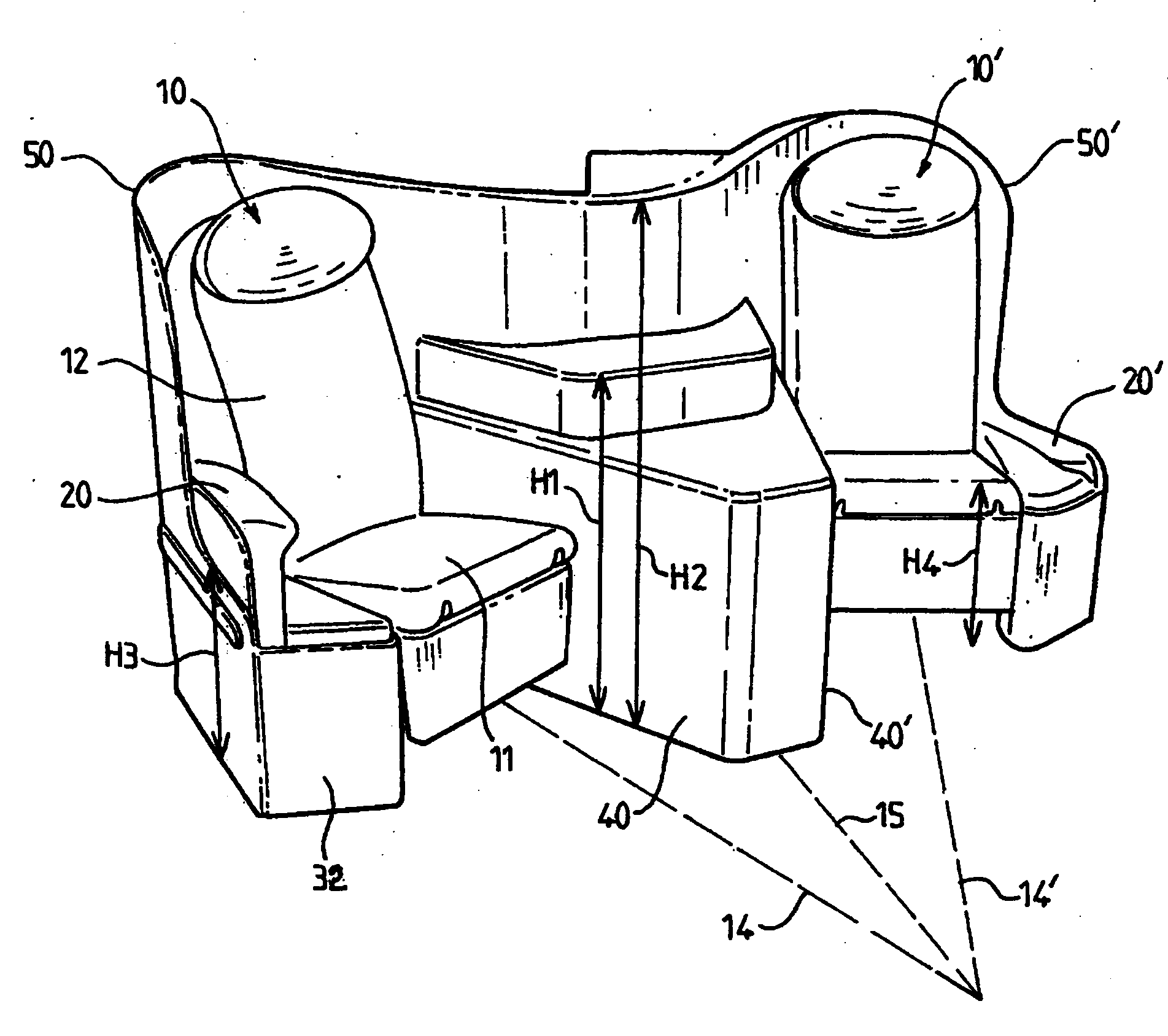 Secure herringbone arrangement for the armrest of a seat, seat and two seat assembly provided with such an arrangement