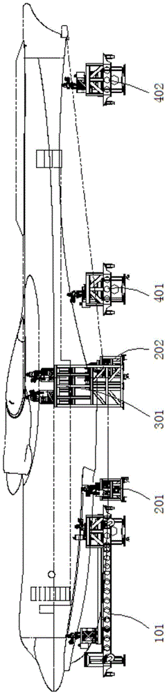 Flexible supporting and positioning system for docking of large airplane components