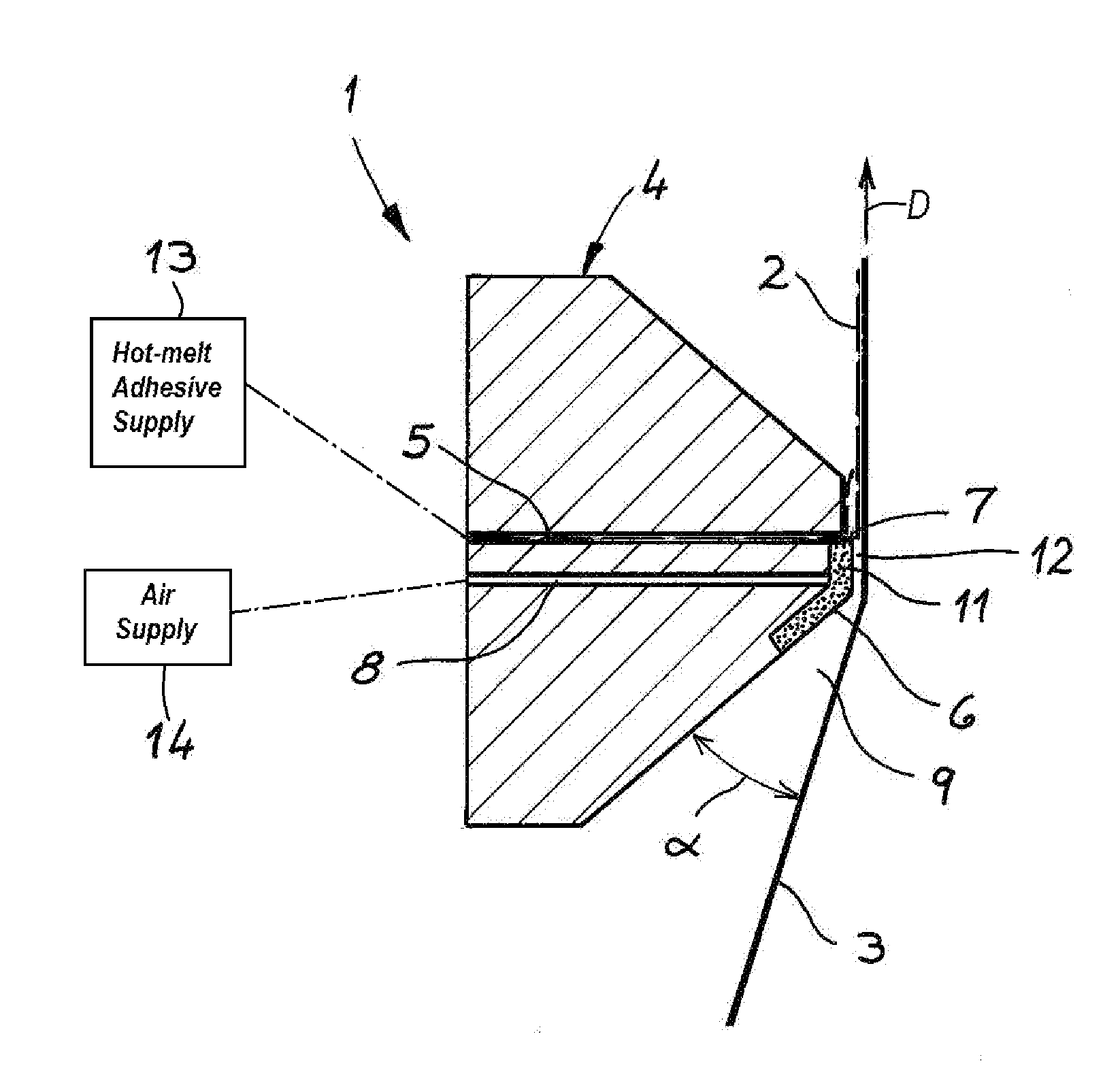 Self-cleaning nozzle for applying adhesive to a moving web