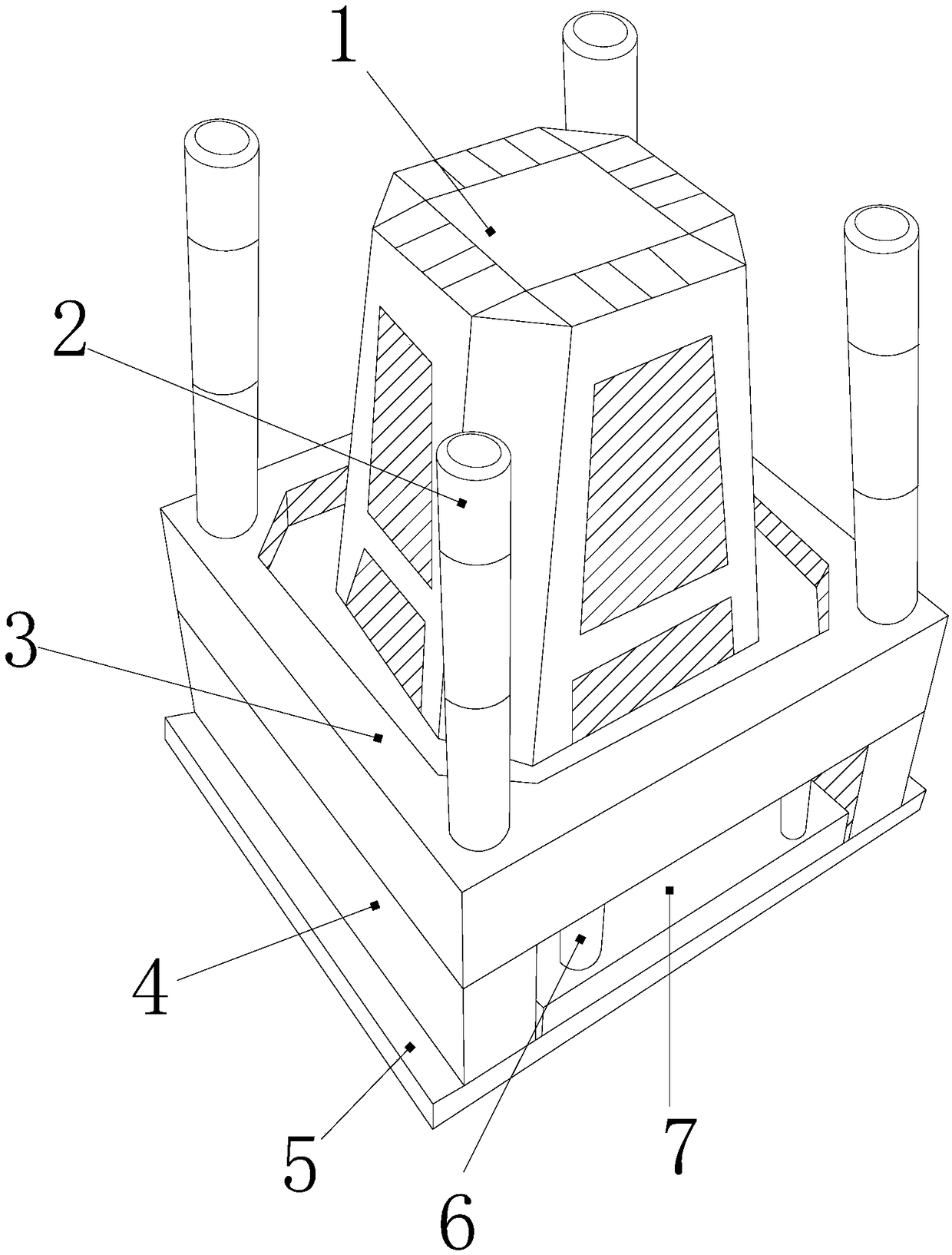 Plastic stool injection mold base for preventing reinforcing ribs from dragging damage during demolding