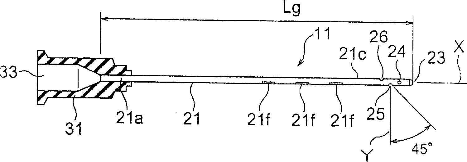 Liquid injection needle for jetting a liquid in a predetermined angle range and method of producing the same