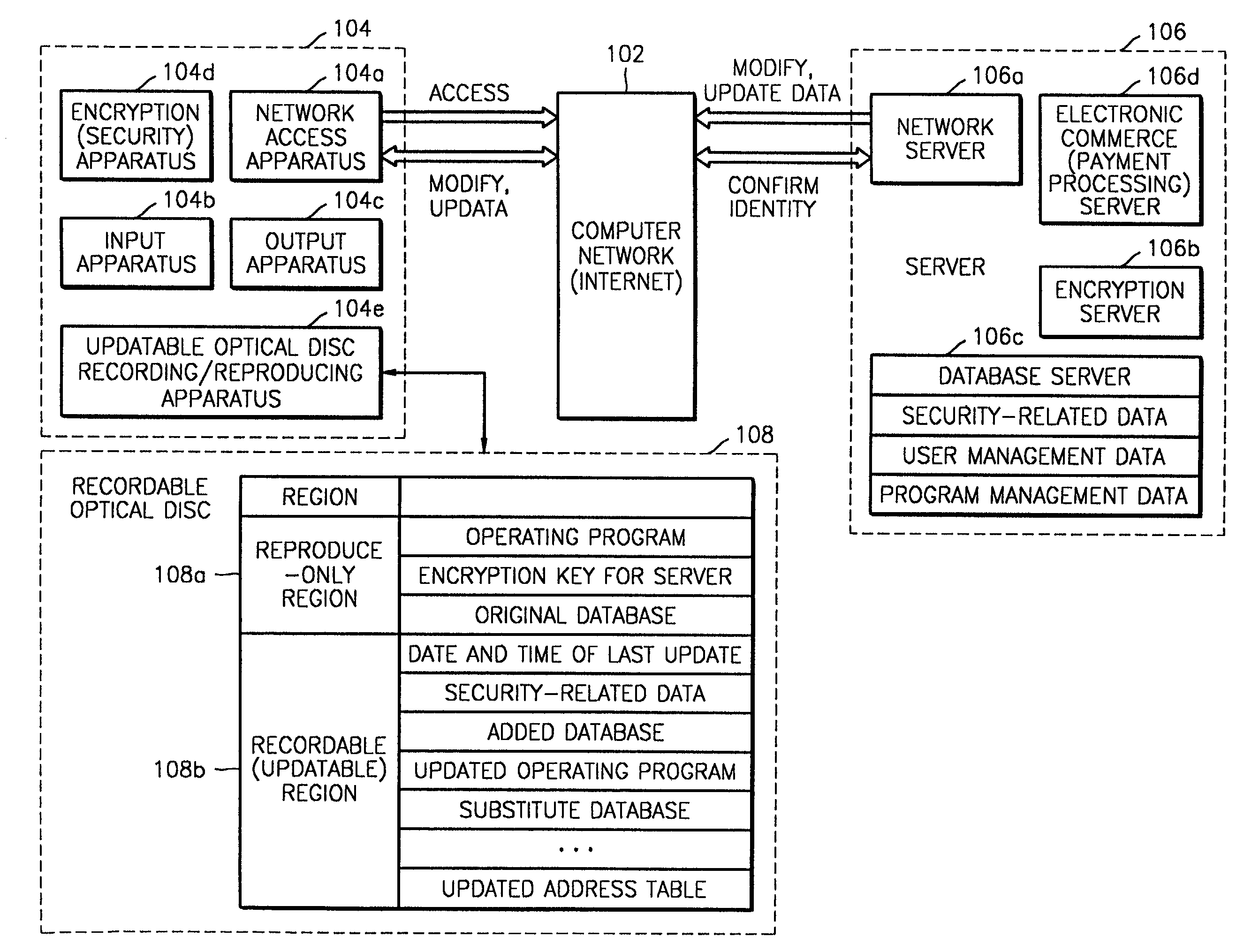 Method of and apparatus for updating a database using a recordable optical disc