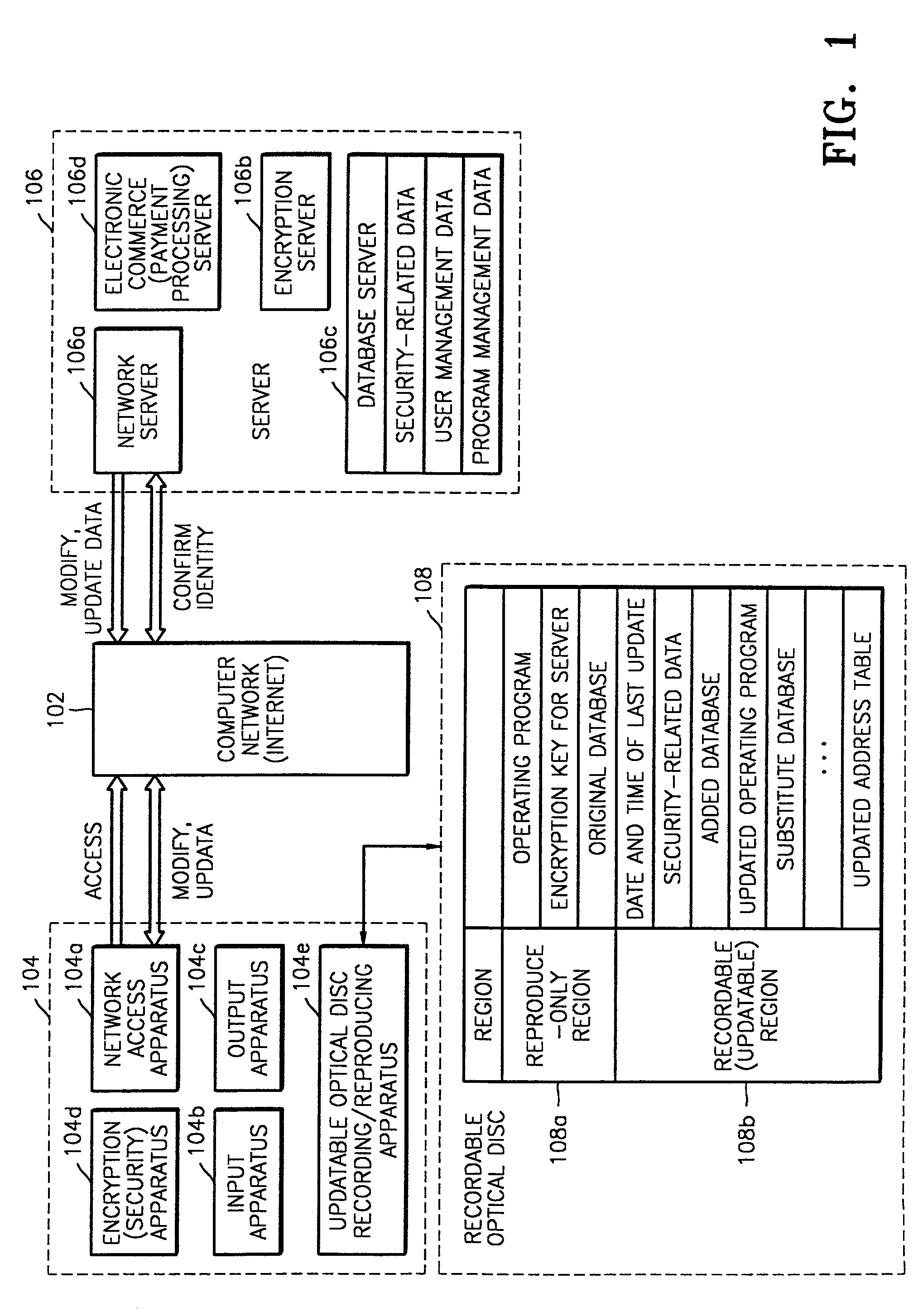 Method of and apparatus for updating a database using a recordable optical disc