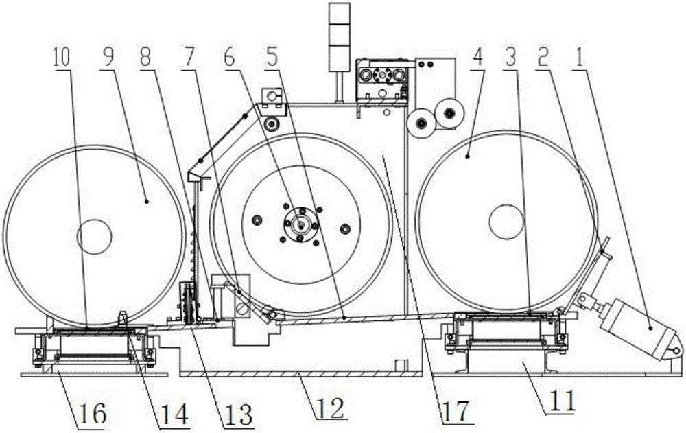 Automatic disk replacement transmission device for I-shaped wheel of take-up machine
