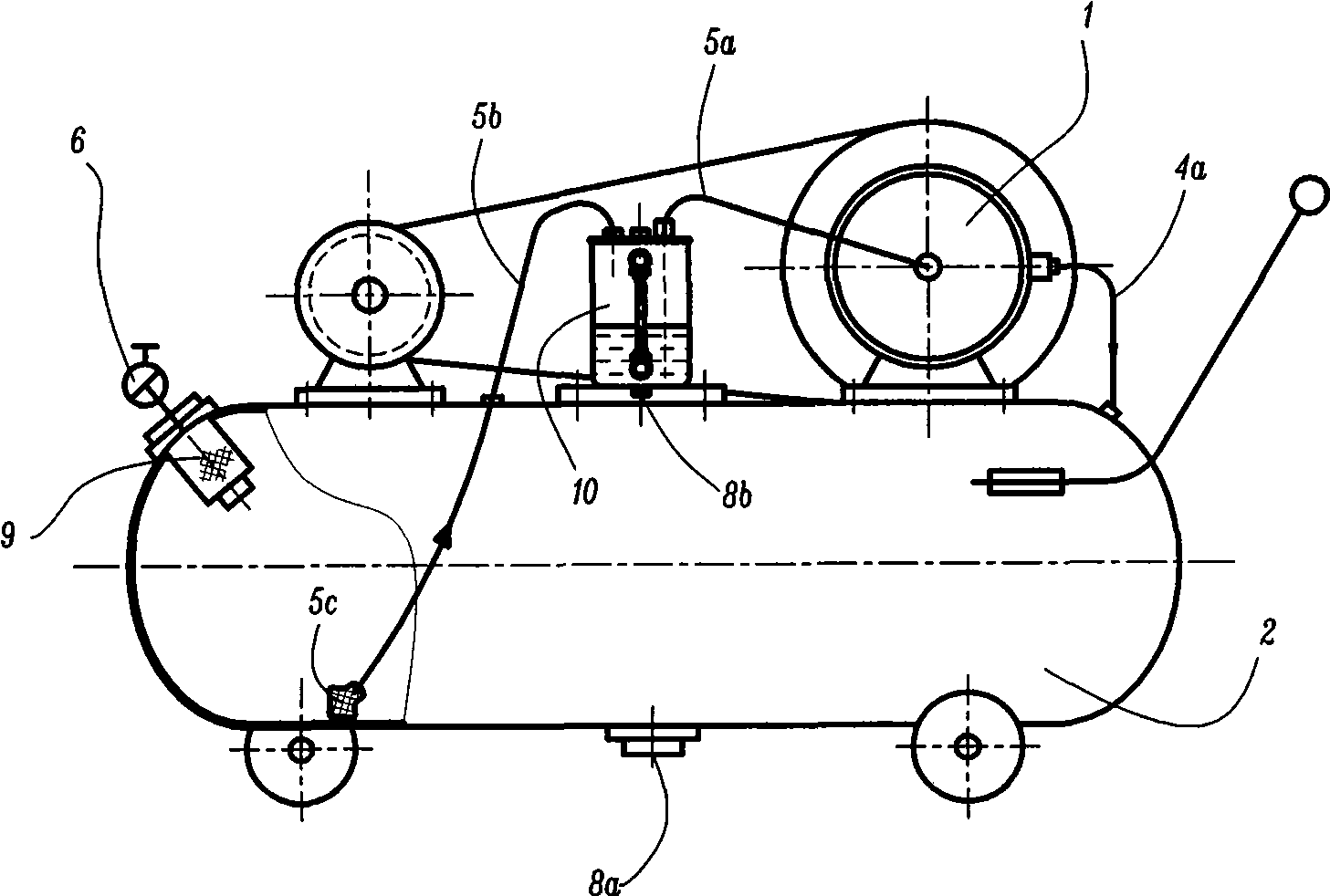An engine oil circulation and drainage device of an air compressor