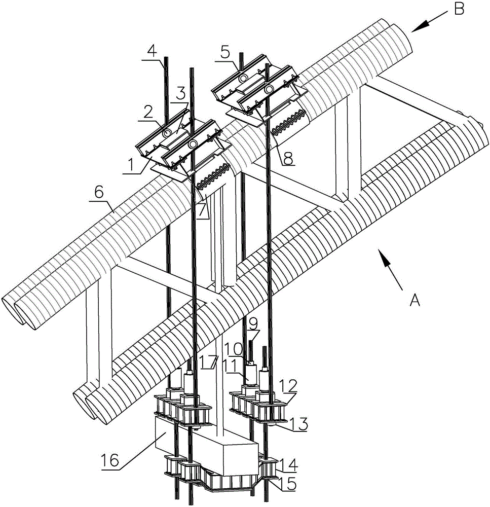 Hold hoop type automatic leveling and anchoring device for replacement of steel pipe concrete arch bridge suspenders and suspender replacing method thereof
