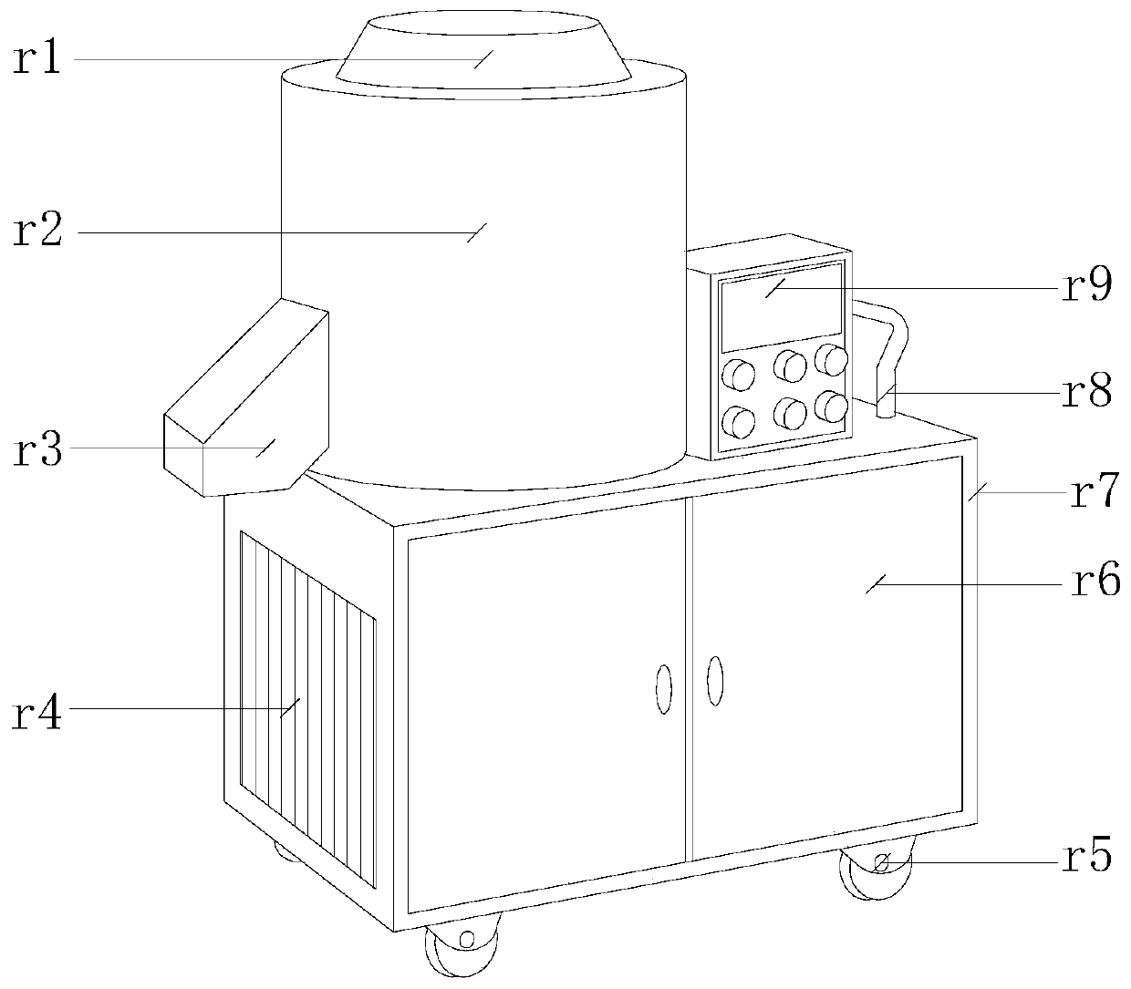 Pet food production powder mixing device adopting equipartition and swinging principle