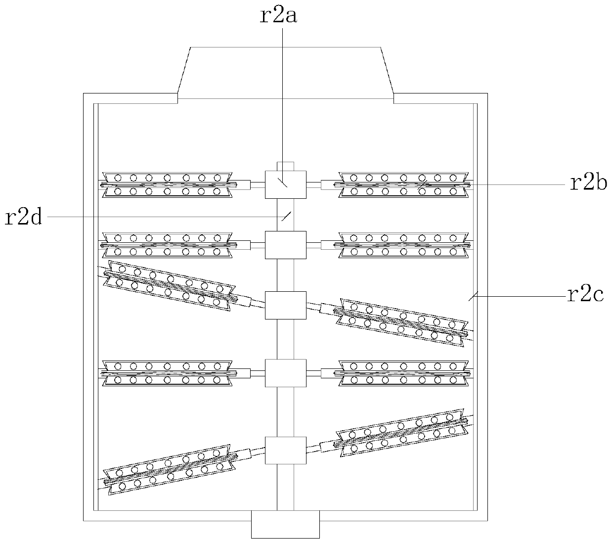 Pet food production powder mixing device adopting equipartition and swinging principle