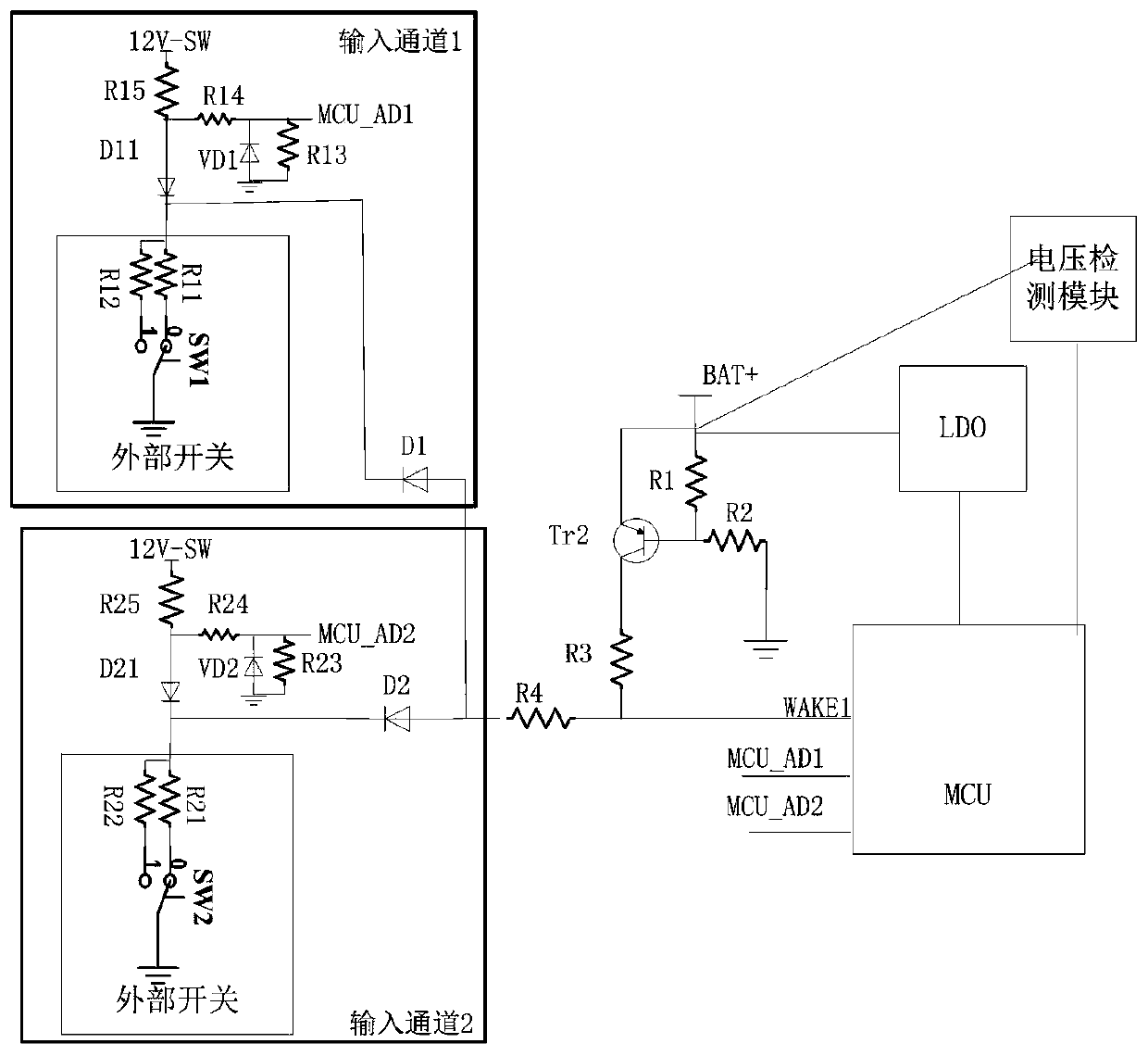 Multichannel analog input detection circuit with trigger wake-up function