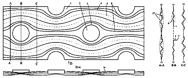 Streamline amplitude-variable folded-line-shaped corrugated fin of round tube fin type heat exchanger