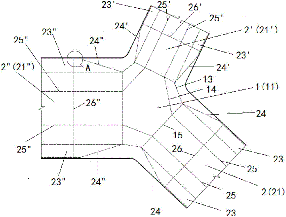 The three-beam intersection structure of steel box girder with single-box three-chamber section and manufacturing method thereof