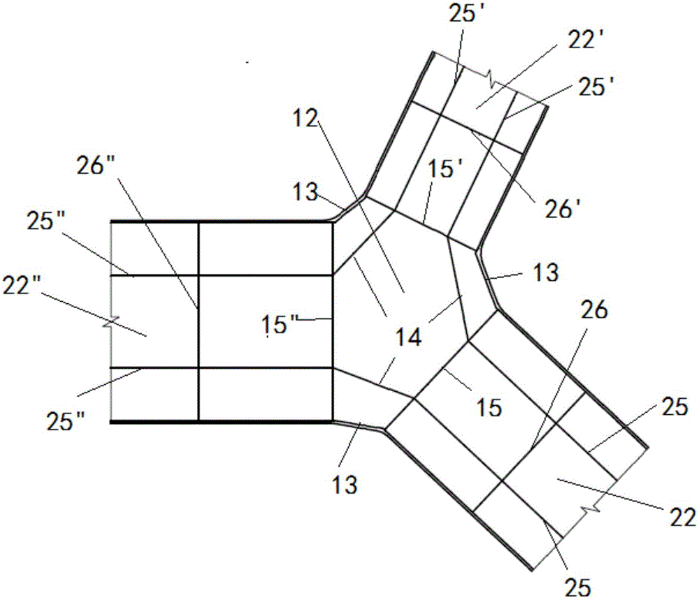 The three-beam intersection structure of steel box girder with single-box three-chamber section and manufacturing method thereof