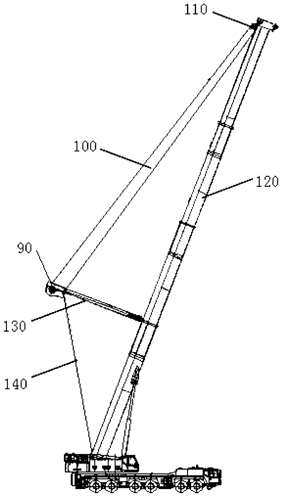 Crane, guying mast and pulling pre-tightening device of guying mast