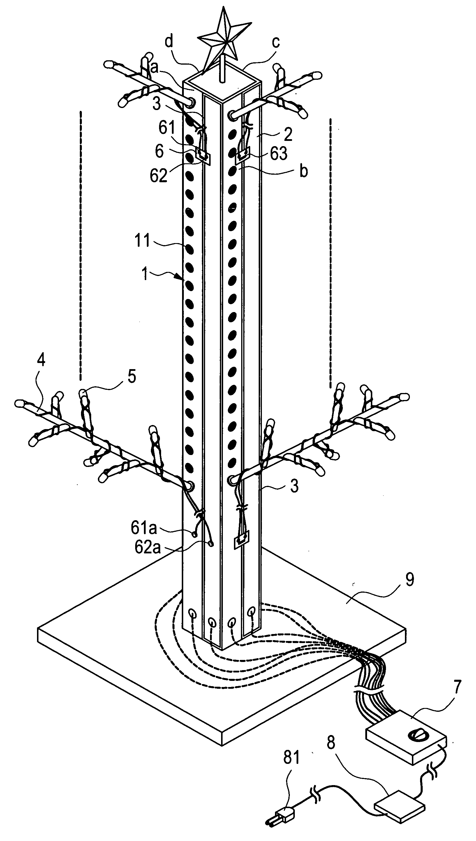 Lighting and flashing christmas tree structure apparatus
