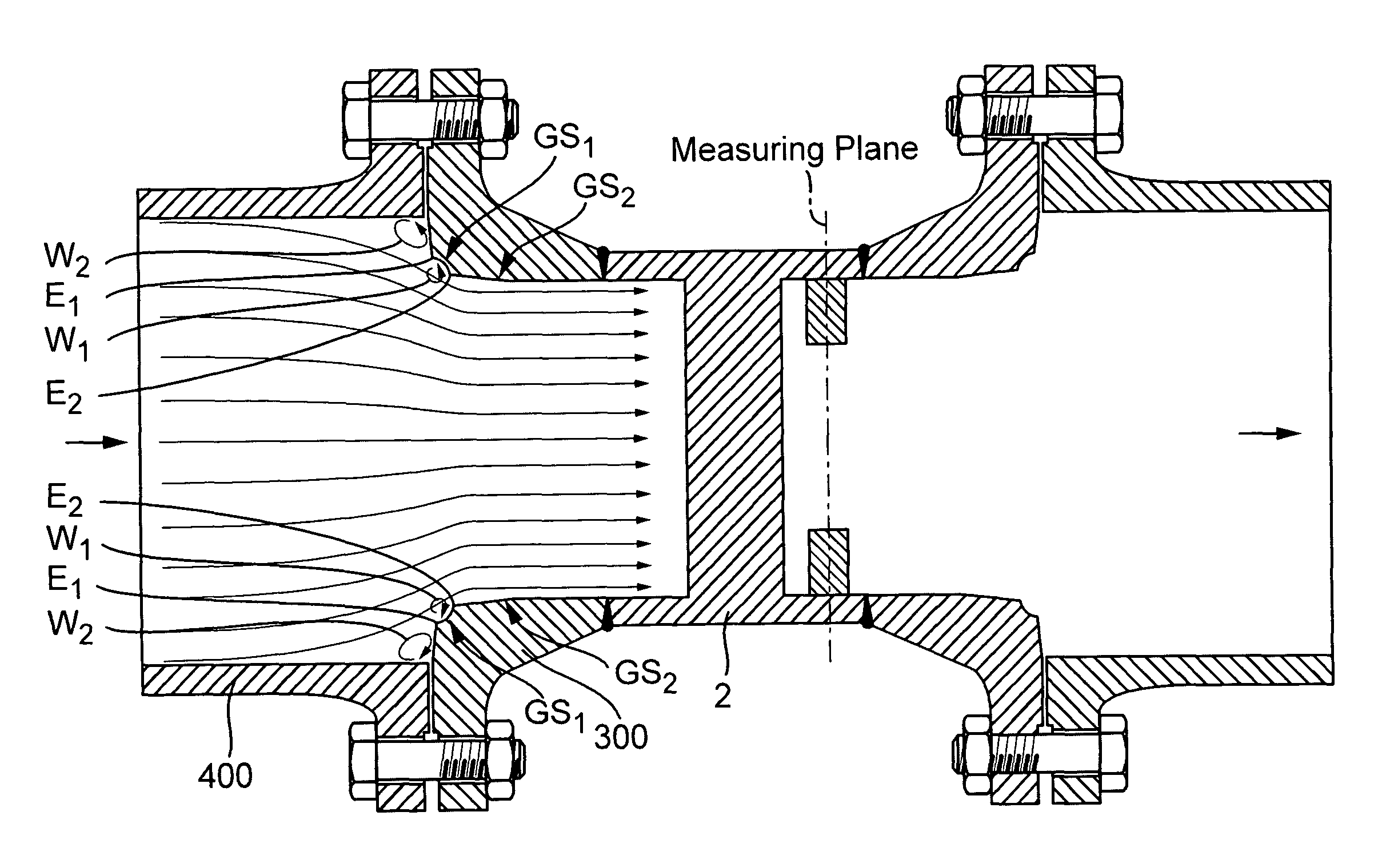 Measuring system with a flow conditioner for flow profile stabilization