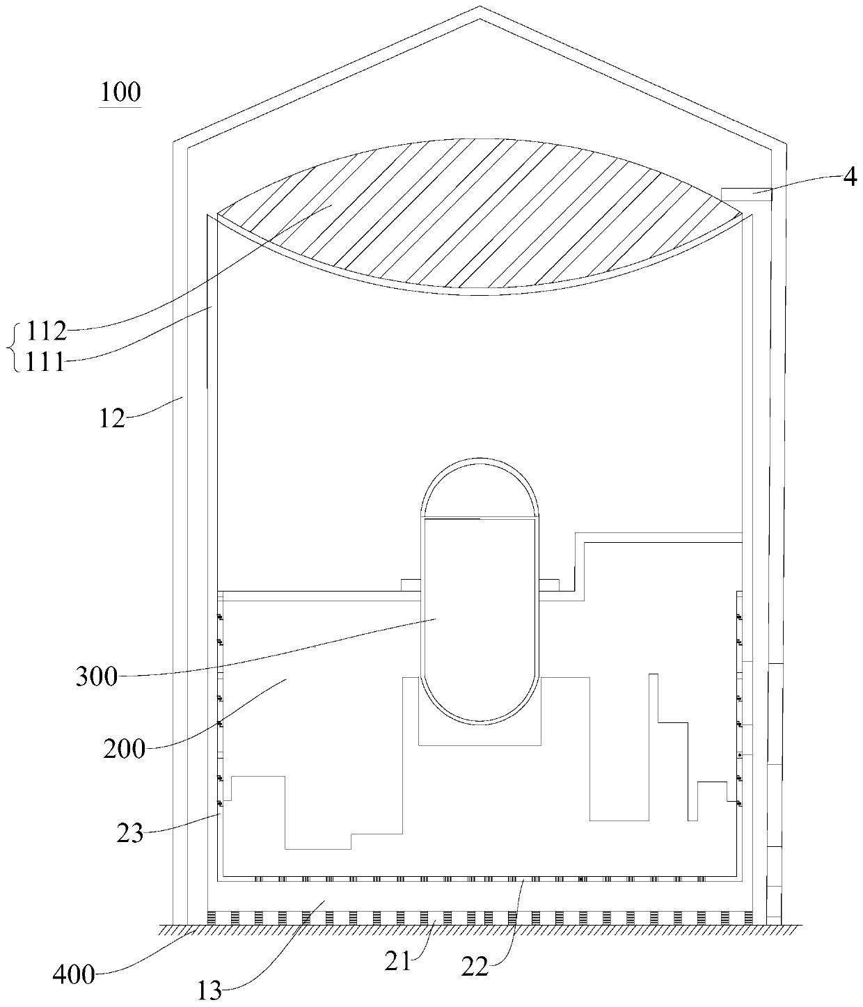 Base shock insulation and three-dimensional shock absorption structure of double containment vessel nuclear power plant.