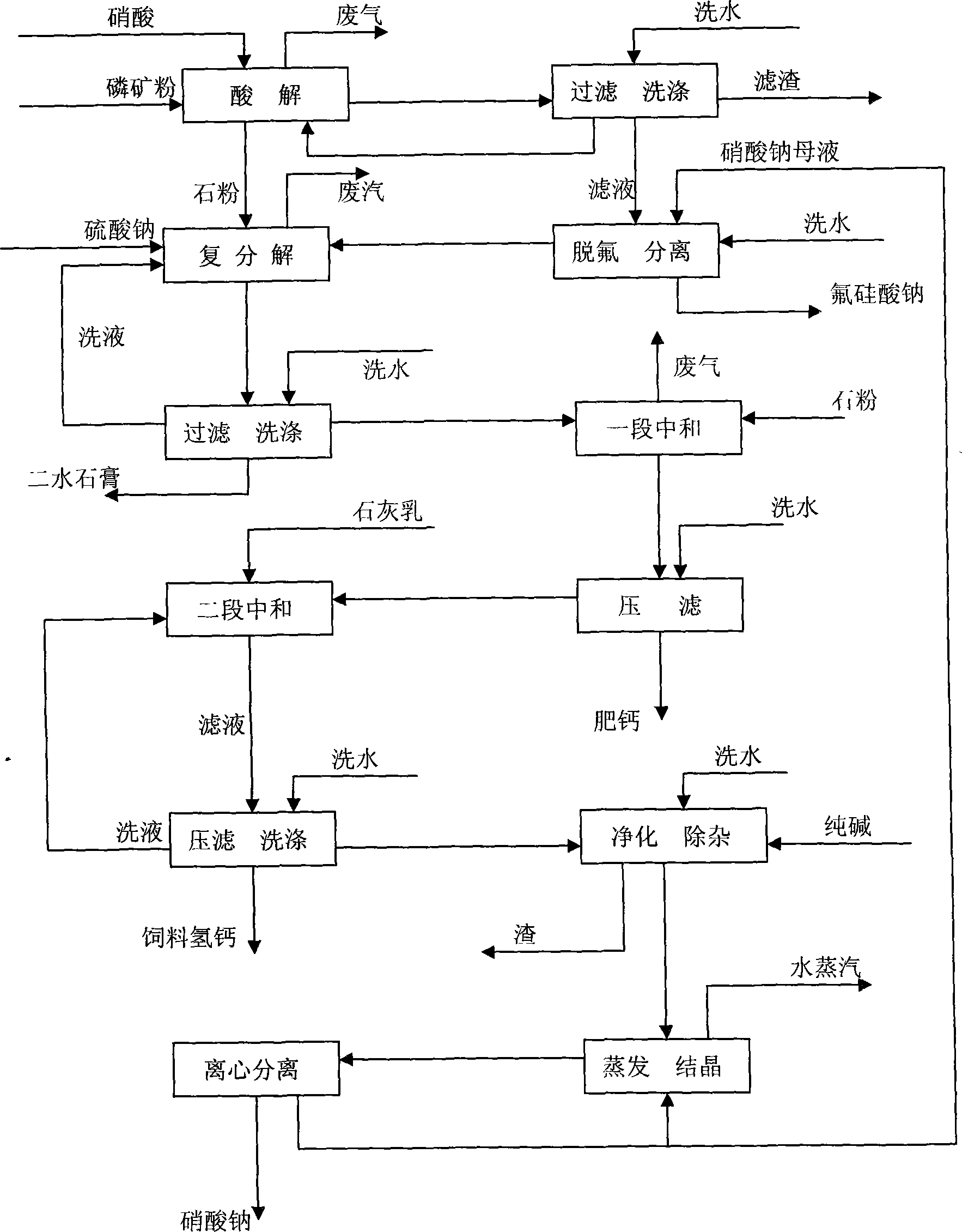 Method for producing calcium hydrophosphate and sodium nitrate by decomposing phosphorus ore with nitric acid