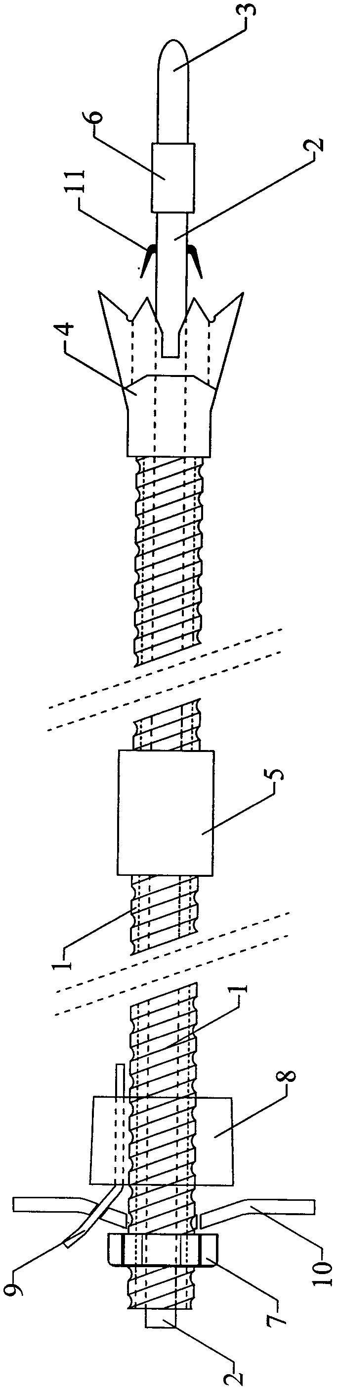 Pre-explosion drilling, grouting and anchoring integrated anchor rod and construction method thereof