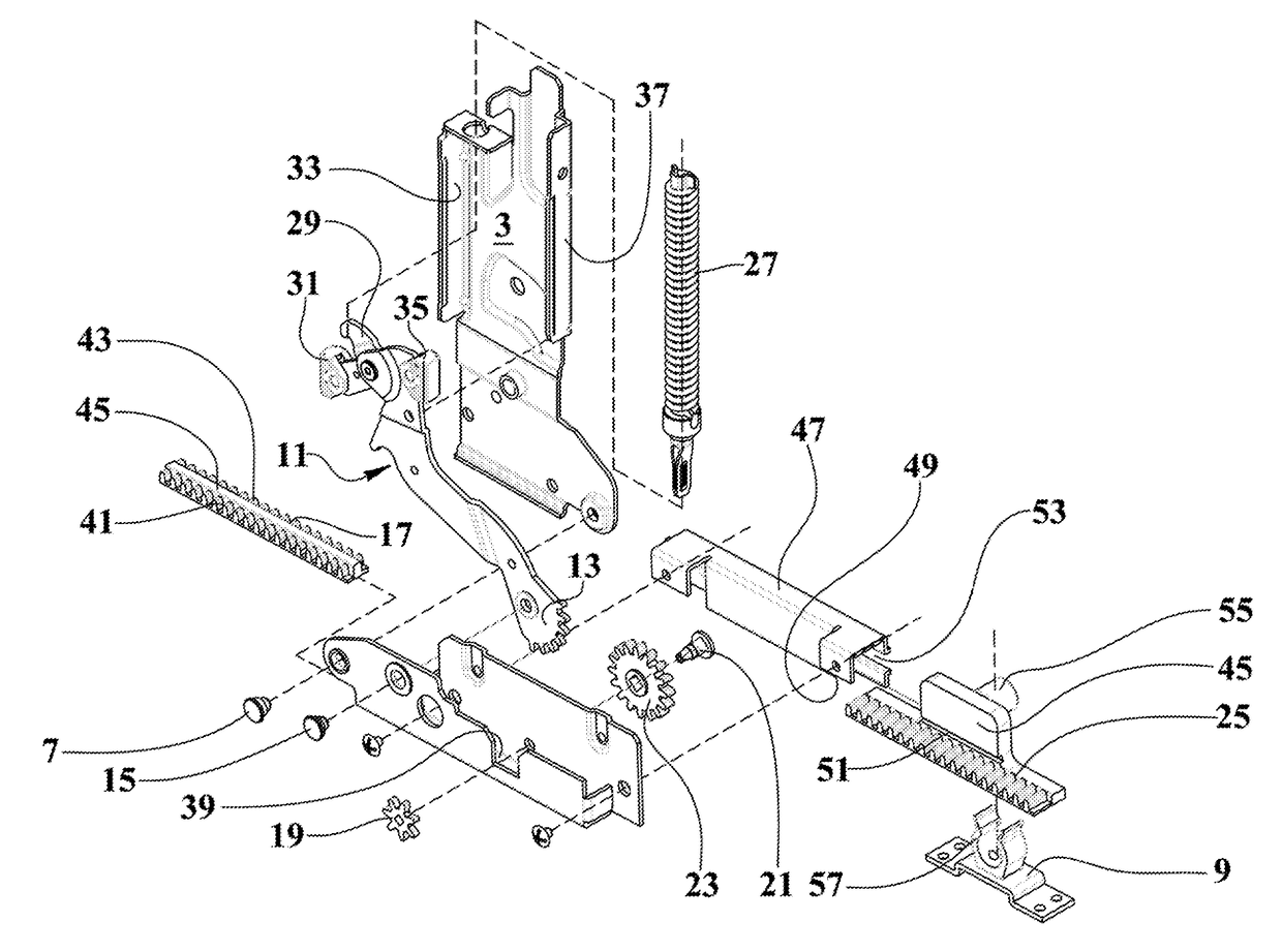 Hinge device with long reciprocating stroke of a front panel