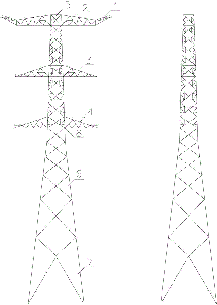 Steel pipe and angle iron hybrid ultrahigh-voltage power transmission tower