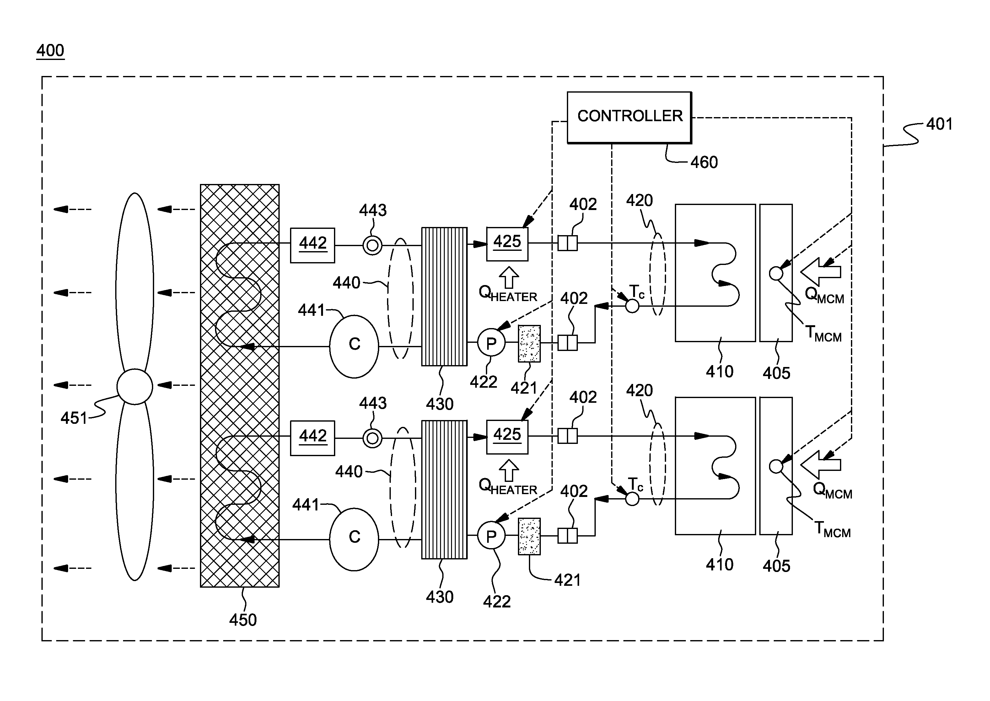 Coolant-buffered, vapor-compression refrigeration with thermal storage and compressor cycling