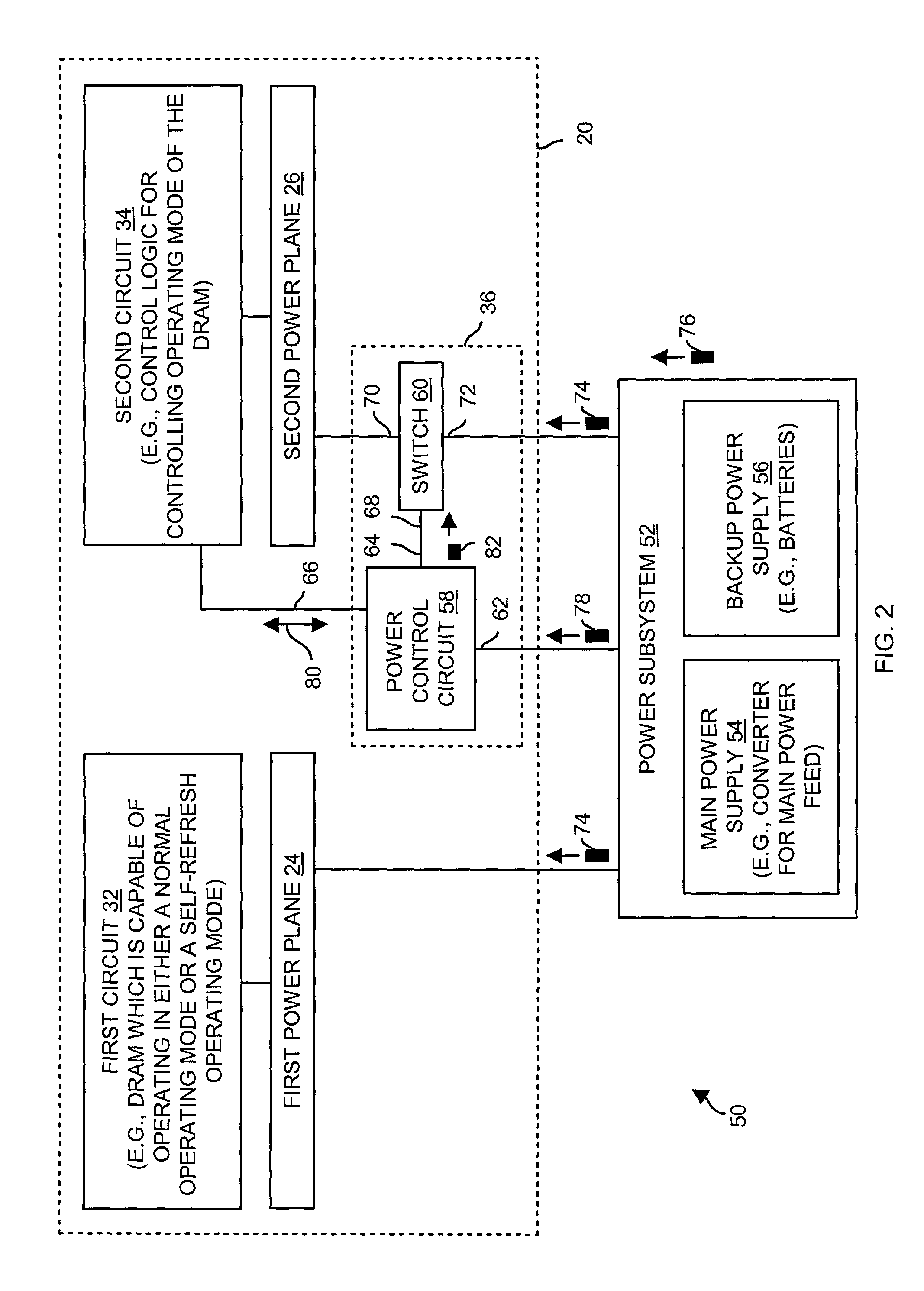 System, method and apparatus for controlling supply of backup power to first and second power planes in the event of a power failure of a main power supply