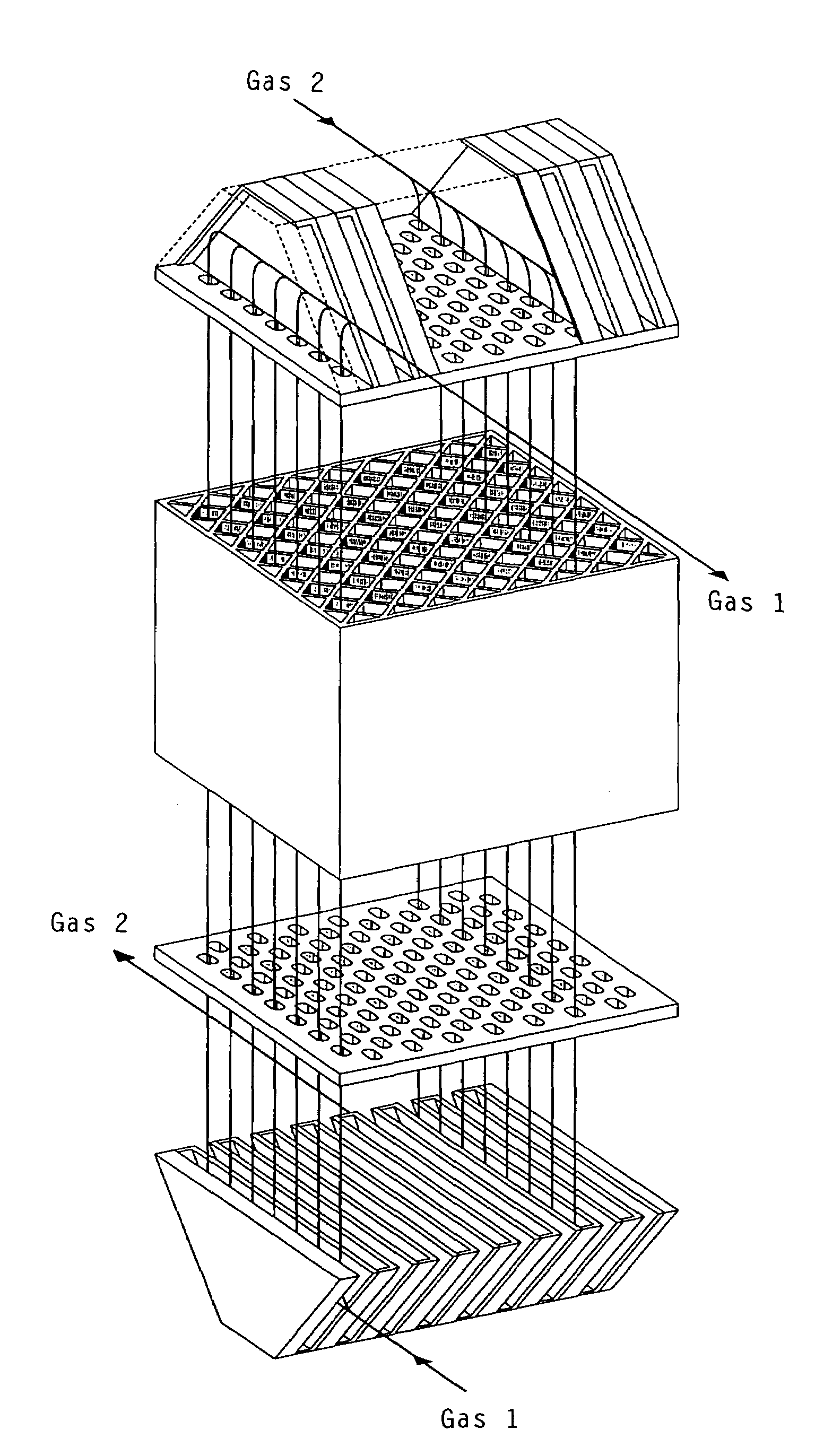 Method and equipment for feeding two gases into and out of a multi-channel monolithic structure