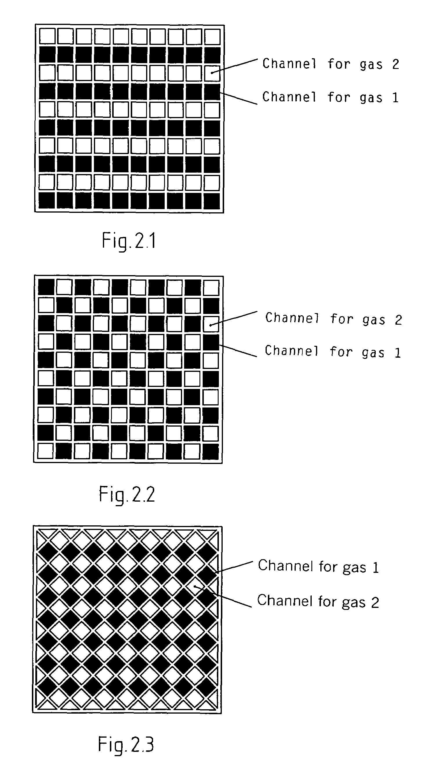 Method and equipment for feeding two gases into and out of a multi-channel monolithic structure