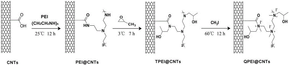 Preparation method of in-situ quaternized antibacterial agent on surface of carbon nano tube