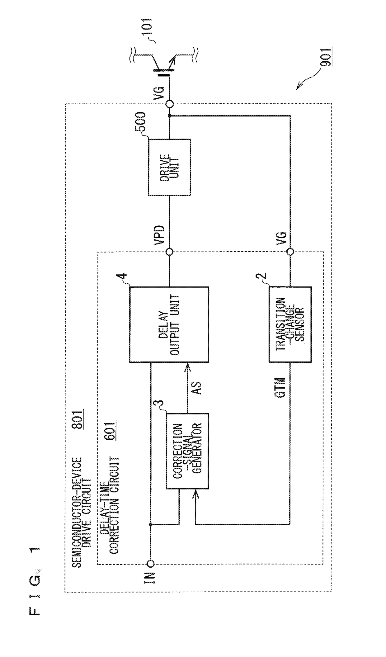 Delay-time correction circuit, semiconductor-device drive circuit, and semiconductor device