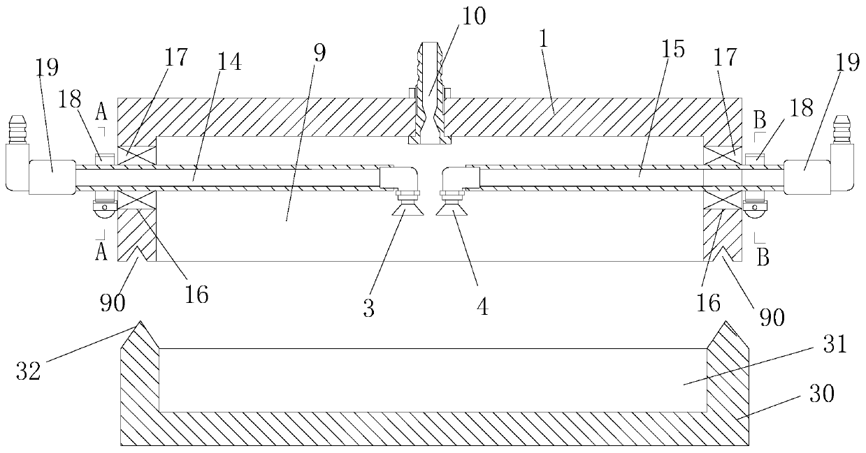 Cultured stone die cavity coloring and coating device and assembly line using cultured stone die cavity coloring coating device