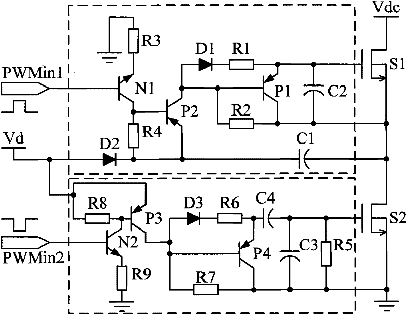 Power MOS pipe grid drive circuit and method for grid floating and level switching
