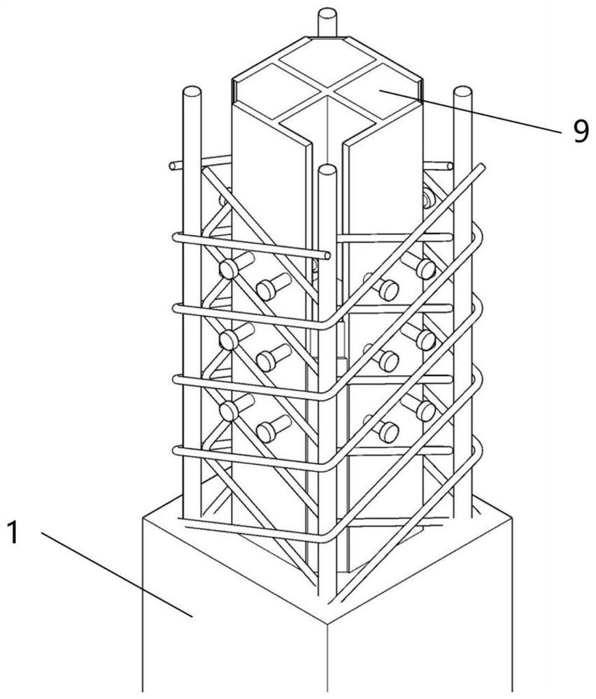 Composite column with ultra-short studs and double-layer high-strength spiral stirrups and construction method