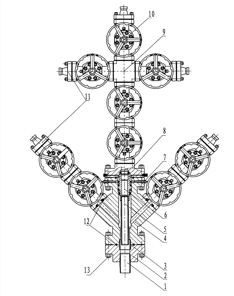 Fracturing-extraction well head device with combined sealing, directional separation and abrasion resistance