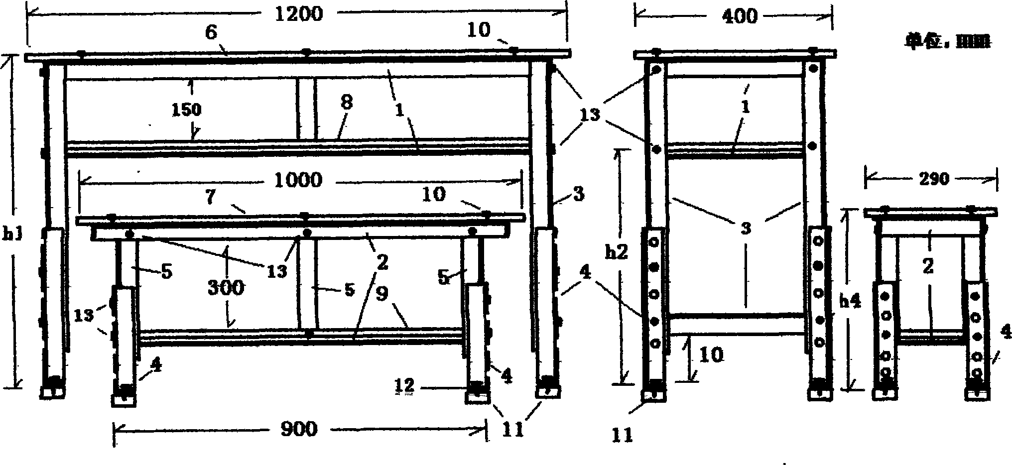 Double-seater desk and chair with steel angle frame structures