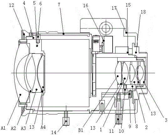 Large-target-surface automatic aperture zoom lens with high light flux, and application method thereof
