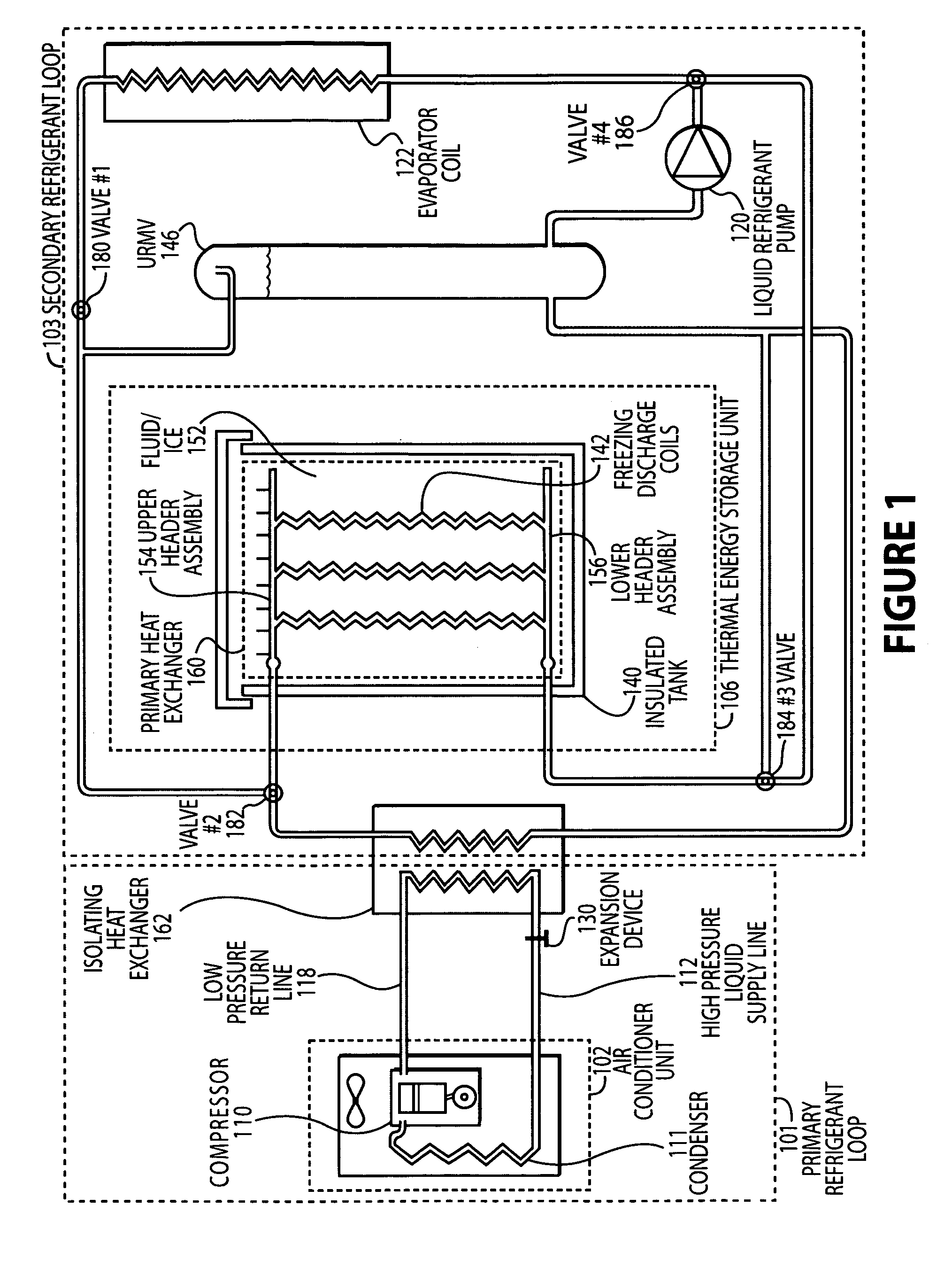 Thermal energy storage and cooling system with gravity fed secondary refrigerant isolation